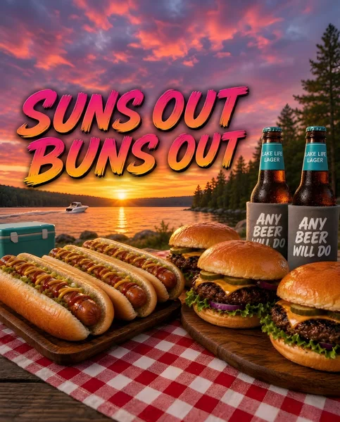 Hot dogs and cheeseburgers on wooden boards over a red gingham picnic cloth at a lakeside sunset, with two bottles in koozies reading ANY BEER WILL DO, under bold pink and orange text reading SUNS OUT BUNS OUT.