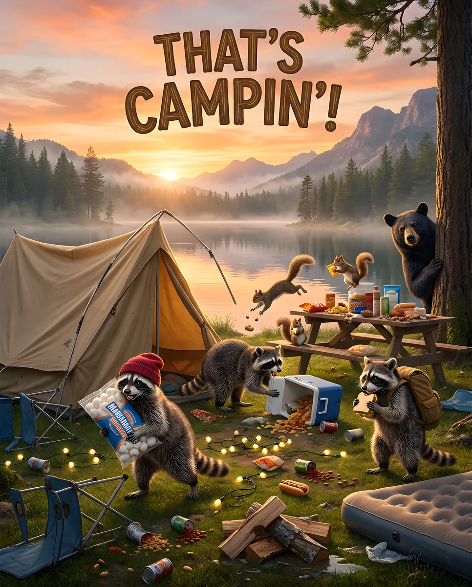 A chaotic lakeside campsite at sunrise: raccoons raiding a cooler and marshmallows while a black bear works the picnic table.