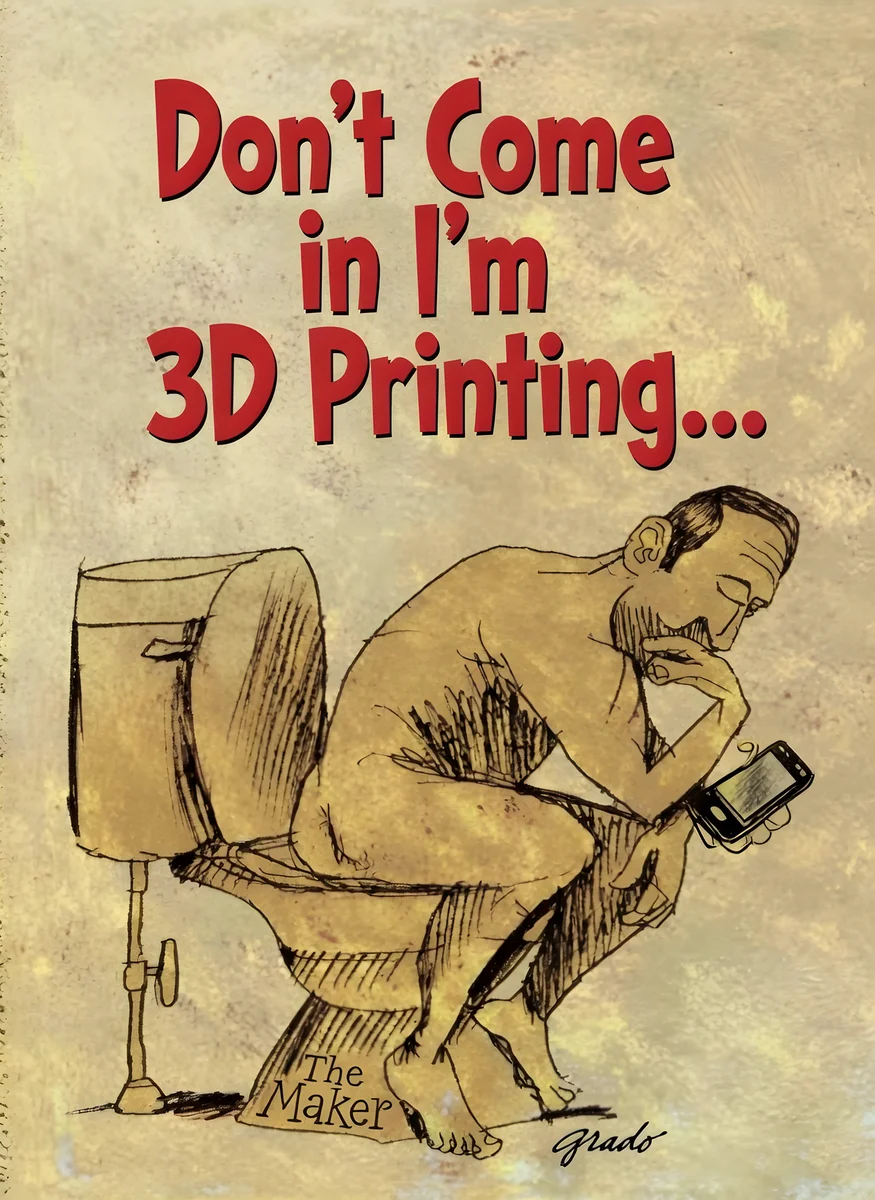 Hand-drawn cartoon of a man in Rodin's Thinker pose sitting on a toilet looking at a smartphone, with 'The Maker' engraved on the toilet base.