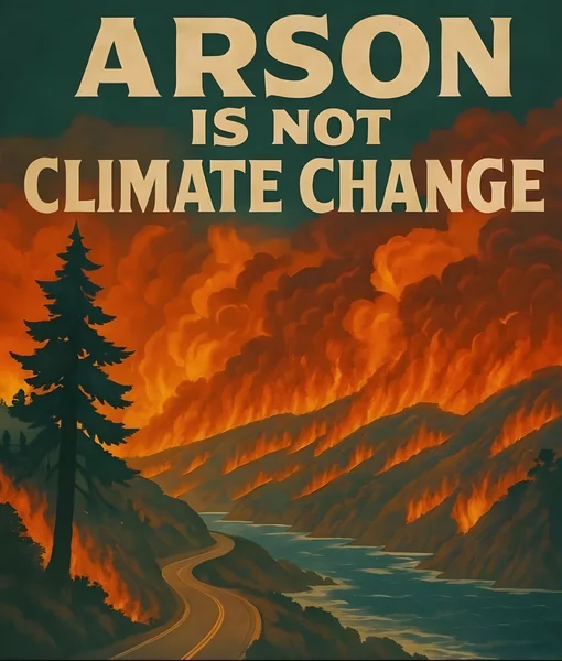 A dramatic poster-style image with bold beige text reading 'ARSON IS NOT CLIMATE CHANGE' against a dark teal background. Below, a fiery landscape unfolds — intense orange flames consume mountain ridges while thick smoke billows into a darkened sky. A winding river cuts through the burning valley alongside an empty two-lane road, with a lone evergreen standing in the foreground against the devastation, rendered in a bold vintage propaganda poster style.