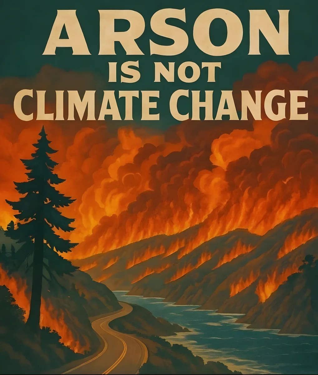 A dramatic poster-style image with bold beige text reading 'ARSON IS NOT CLIMATE CHANGE' against a dark teal background. Below, a fiery landscape unfolds — intense orange flames consume mountain ridges while thick smoke billows into a darkened sky. A winding river cuts through the burning valley alongside an empty two-lane road, with a lone evergreen standing in the foreground against the devastation, rendered in a bold vintage propaganda poster style.