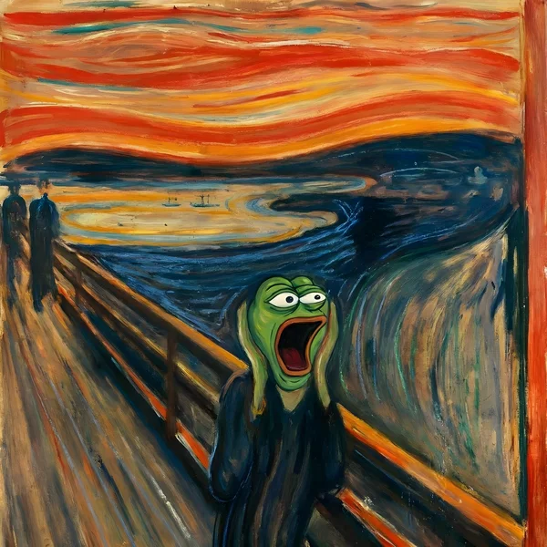 Pepe the Frog replaces the anguished figure in Edvard Munch's "The Scream," hands pressed to his head, mouth agape, against swirling red-orange skies and a deep blue fjord — a digital mashup of classic expressionist art and iconic meme culture.