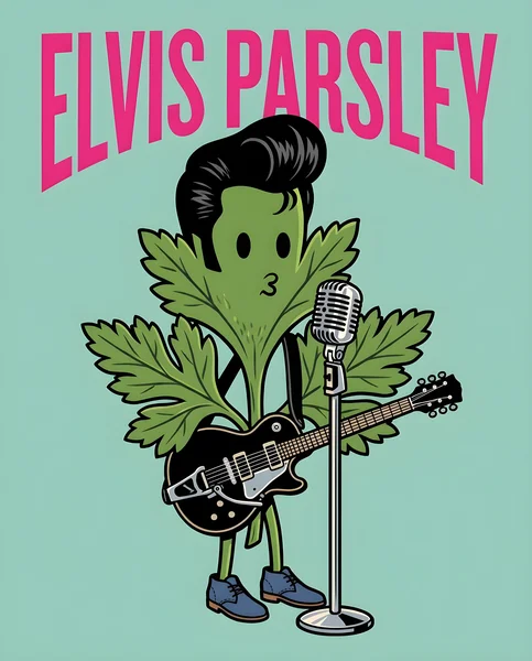 A cartoon personified parsley sprig with a black pompadour, electric guitar, and vintage microphone stand against a teal background with hot pink arched "ELVIS PARSLEY" lettering.