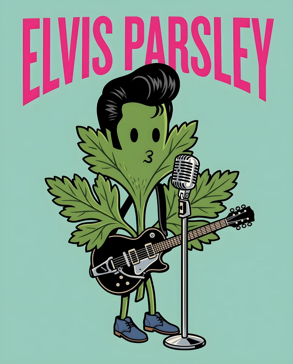 A cartoon personified parsley sprig with a black pompadour, electric guitar, and vintage microphone stand against a teal background with hot pink arched "ELVIS PARSLEY" lettering.
