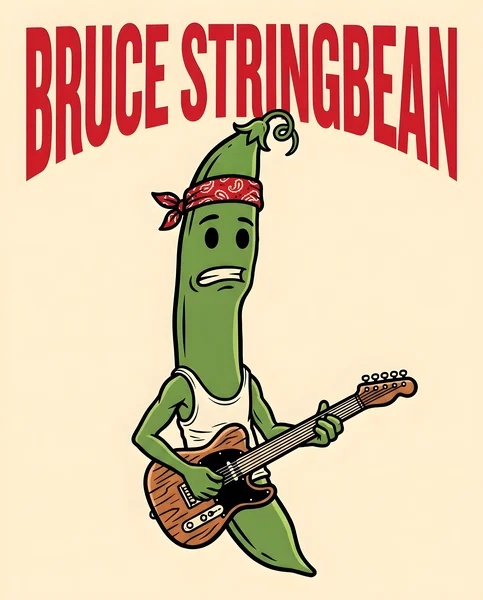 A cartoon string bean dressed as Bruce Springsteen — red paisley bandana, white tank top, strumming a sunburst electric guitar — against a cream background with arched red "BRUCE STRINGBEAN" lettering.