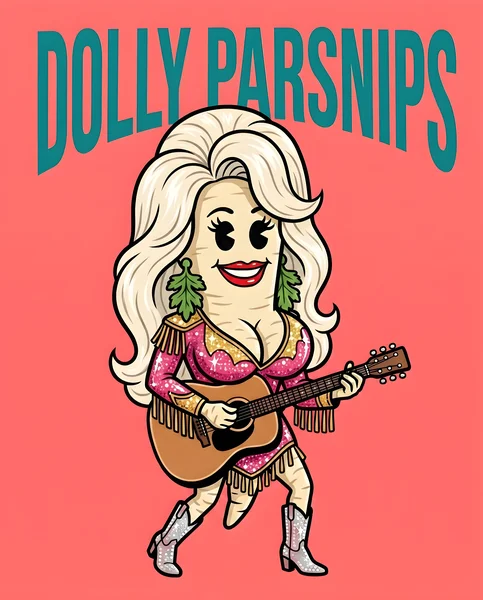 A cartoon parsnip with a voluminous blonde bouffant, leaf-shaped earrings, glittering pink rhinestone country outfit with gold fringe, and an acoustic guitar — against a coral pink background with teal "DOLLY PARSNIPS" lettering.