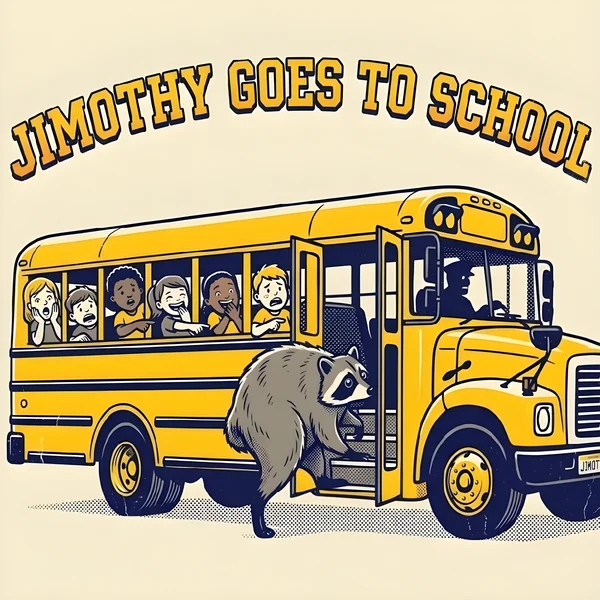 Cartoon illustration of viral Seattle raccoon Jimothy with his signature crooked spine boarding a yellow school bus as children inside point and laugh with joy