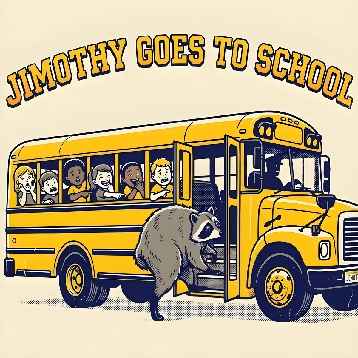 Cartoon illustration of viral Seattle raccoon Jimothy with his signature crooked spine boarding a yellow school bus as children inside point and laugh with joy