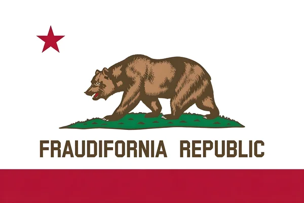 A parody of the California state flag — white field with a red star in upper left, a brown grizzly bear walking on green grass in center, and the words "FRAUDIFORNIA REPUBLIC" in bold brown text above a red stripe at the bottom. Political satire flag mimicking the official California Republic flag layout.