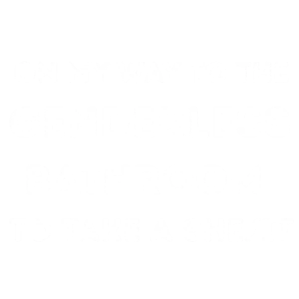 White text graphic with rounded bold font reading ON MY WAY TO THE GENDERLESS BATHROOM TO TAKE A SHE/IT — wordplay design merging take a shit with gender-inclusive pronoun she/it