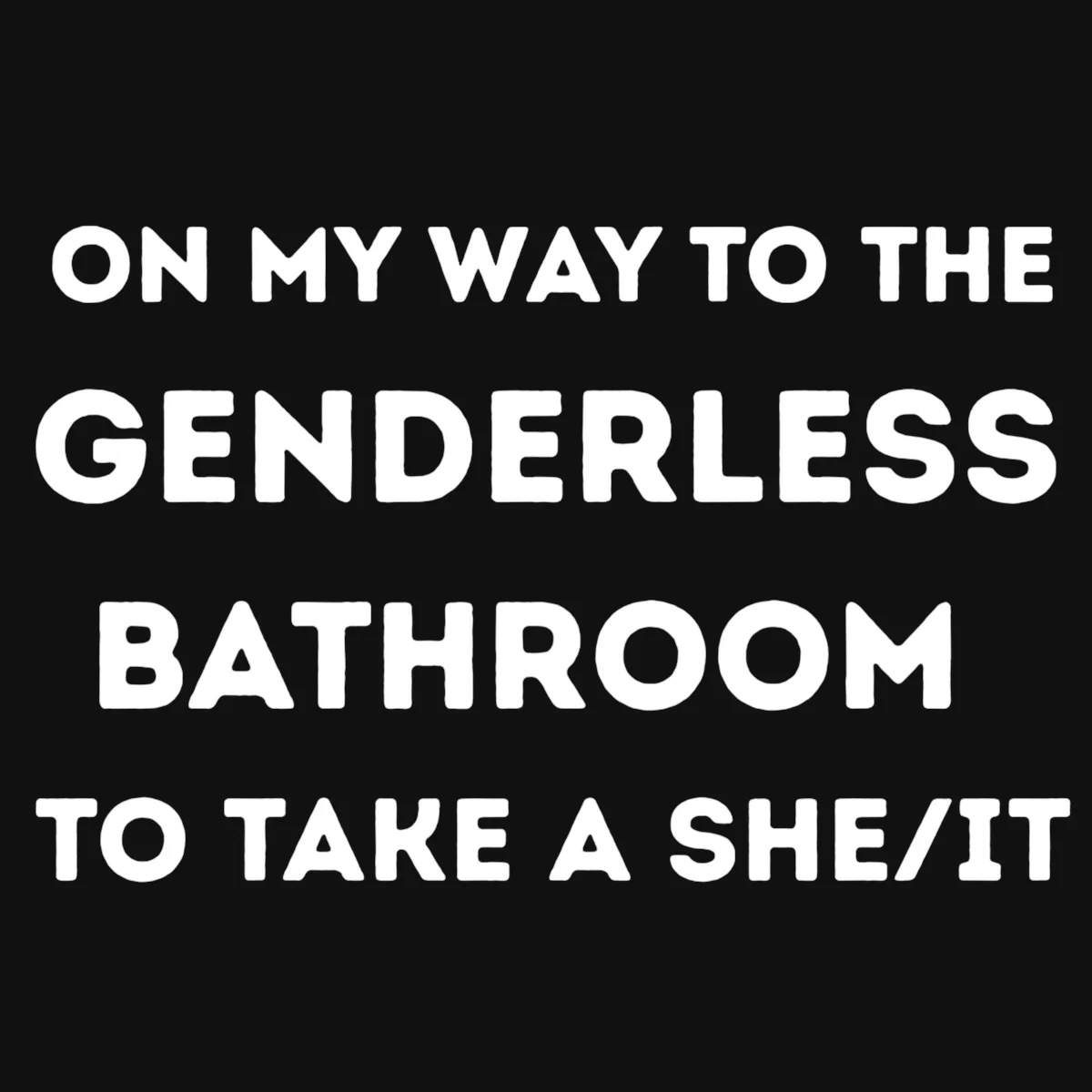 White text graphic with rounded bold font reading ON MY WAY TO THE GENDERLESS BATHROOM TO TAKE A SHE/IT — wordplay design merging take a shit with gender-inclusive pronoun she/it