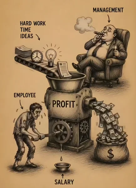 A monochromatic satirical illustration on sepia-toned paper. A gaunt employee cranks a wheel on an industrial machine labeled PROFIT, feeding in hard work, time, and ideas via conveyor belt. Money pours into an overflowing sack while a well-dressed manager relaxes in an armchair with a cigar and wine. A tiny drip labeled SALARY falls into a bowl.