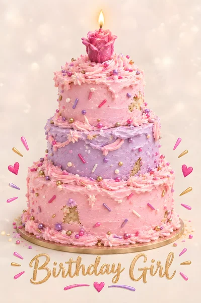 A three-tiered pink and purple birthday cake covered in multicolored sprinkles with a rose-shaped candle on top, the words “Birthday Girl” in gold glitter script across the bottom, surrounded by floating hearts and sparkles on a soft cream background.