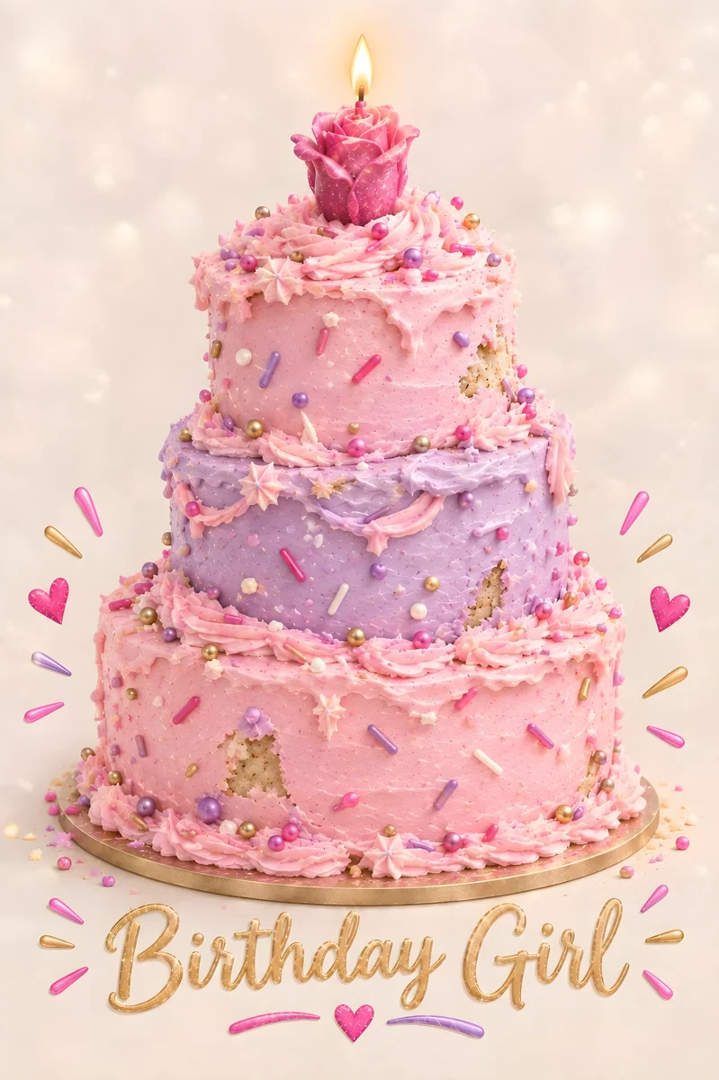 A three-tiered pink and purple birthday cake covered in multicolored sprinkles with a rose-shaped candle on top, the words “Birthday Girl” in gold glitter script across the bottom, surrounded by floating hearts and sparkles on a soft cream background.